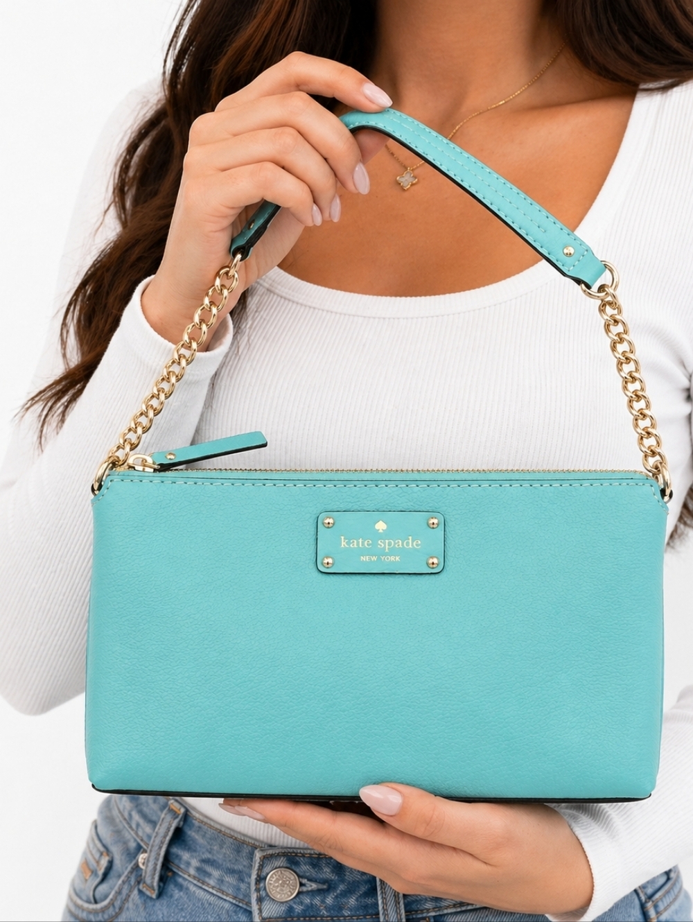 Kate Spade New York Turquoise Pebbled Leather Chain Shoulder Bag Gold